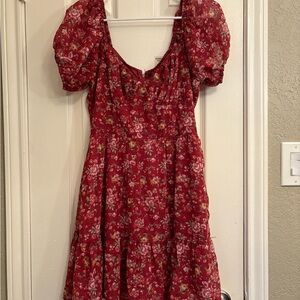 Floral Red Puff Sleeve Dress